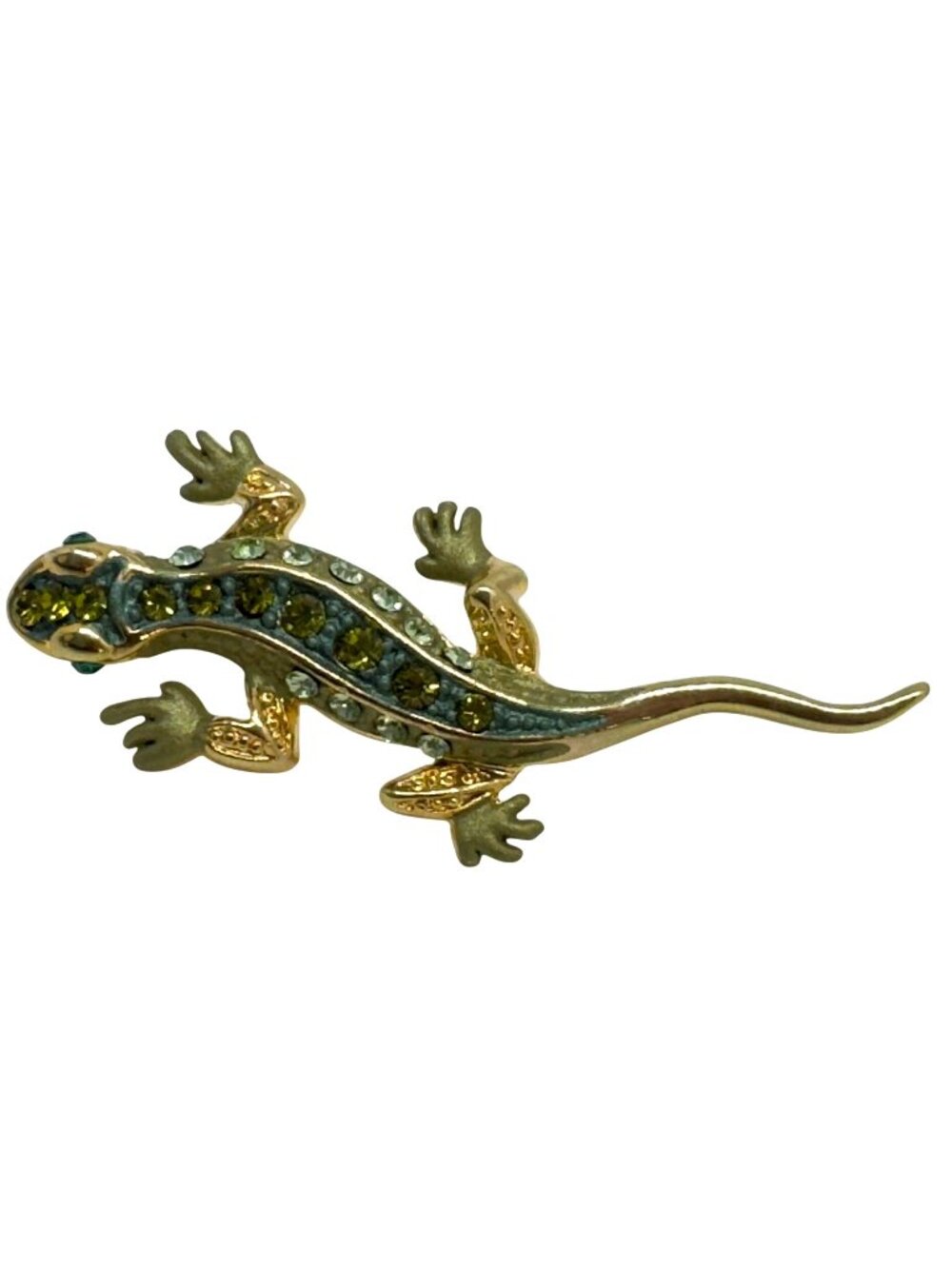 Lizard Brooch Green Rhinestones Gold-Tone Finish 1.75 Inches Long